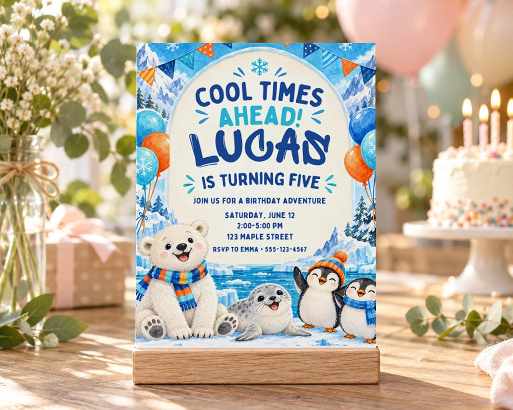 The image is a birthday invitation for a child named Luca, who is turning five years old. The invitation features illustrations of a polar bear, penguins, and snowflakes, along with the text "Cool times ahead! Luca is turning five" and "Join us for a birthday adventure".