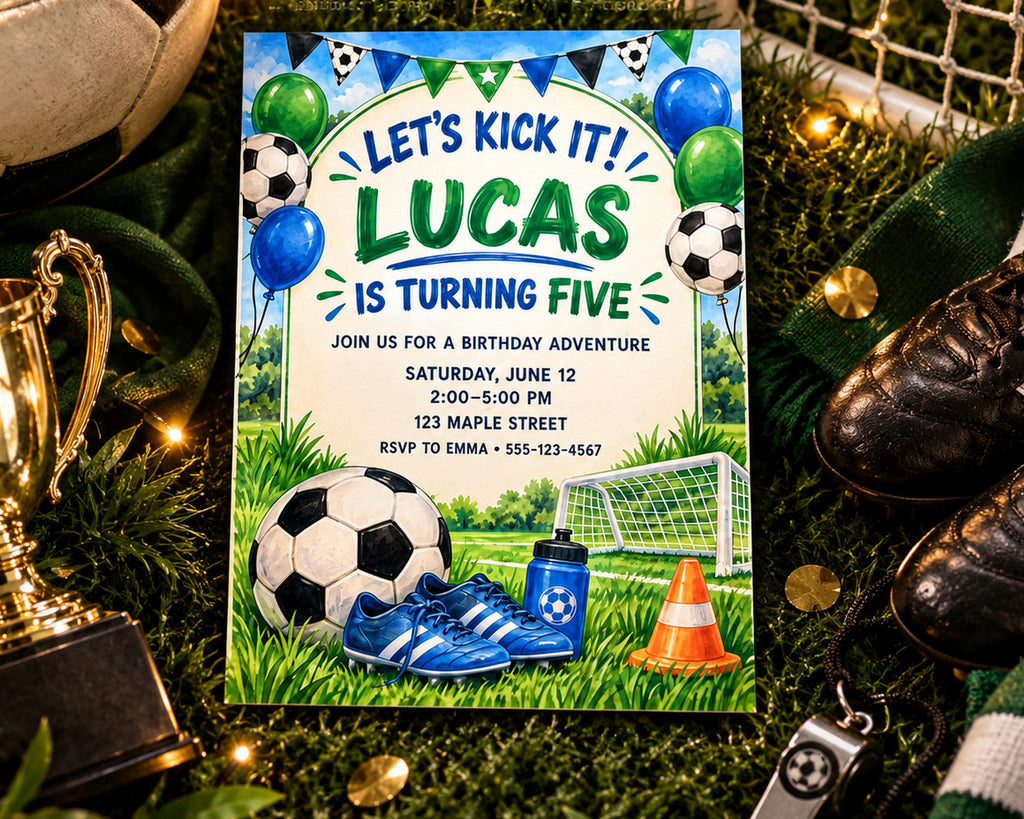 The image is a birthday invitation for a soccer-themed party for a child named Lucas, who is turning five years old.