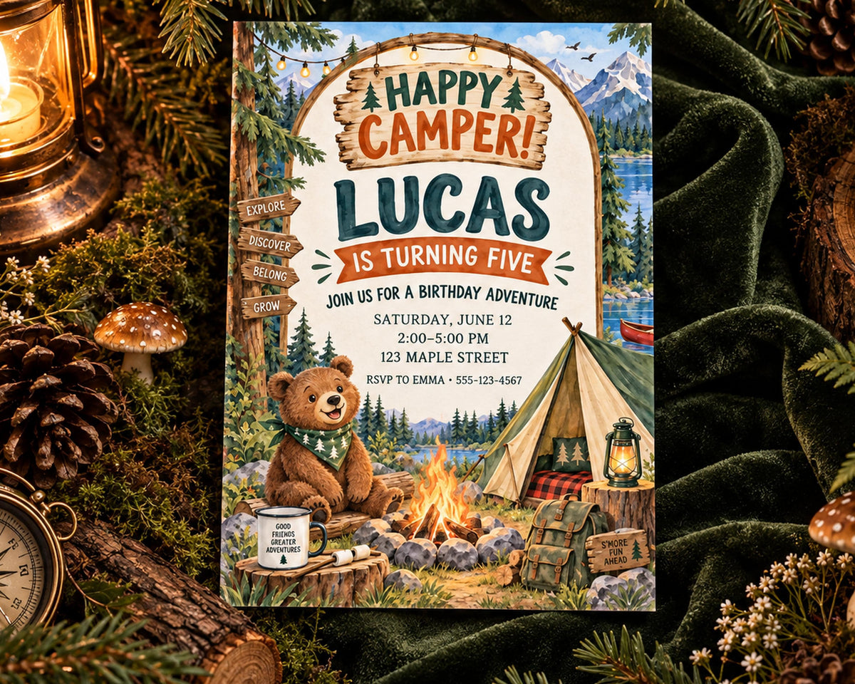 The image is a birthday invitation for a child named Lucas, featuring a camping theme with a teddy bear, a tent, and a campfire.