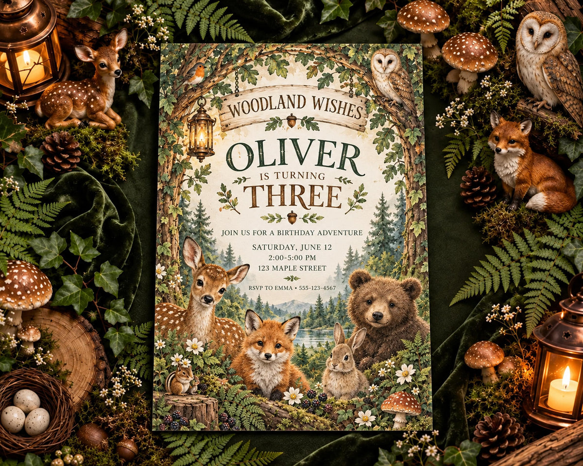 The image is a birthday invitation featuring woodland animals such as deer, foxes, and bears, surrounded by a forest setting and decorated with lanterns, pine cones, and flowers.