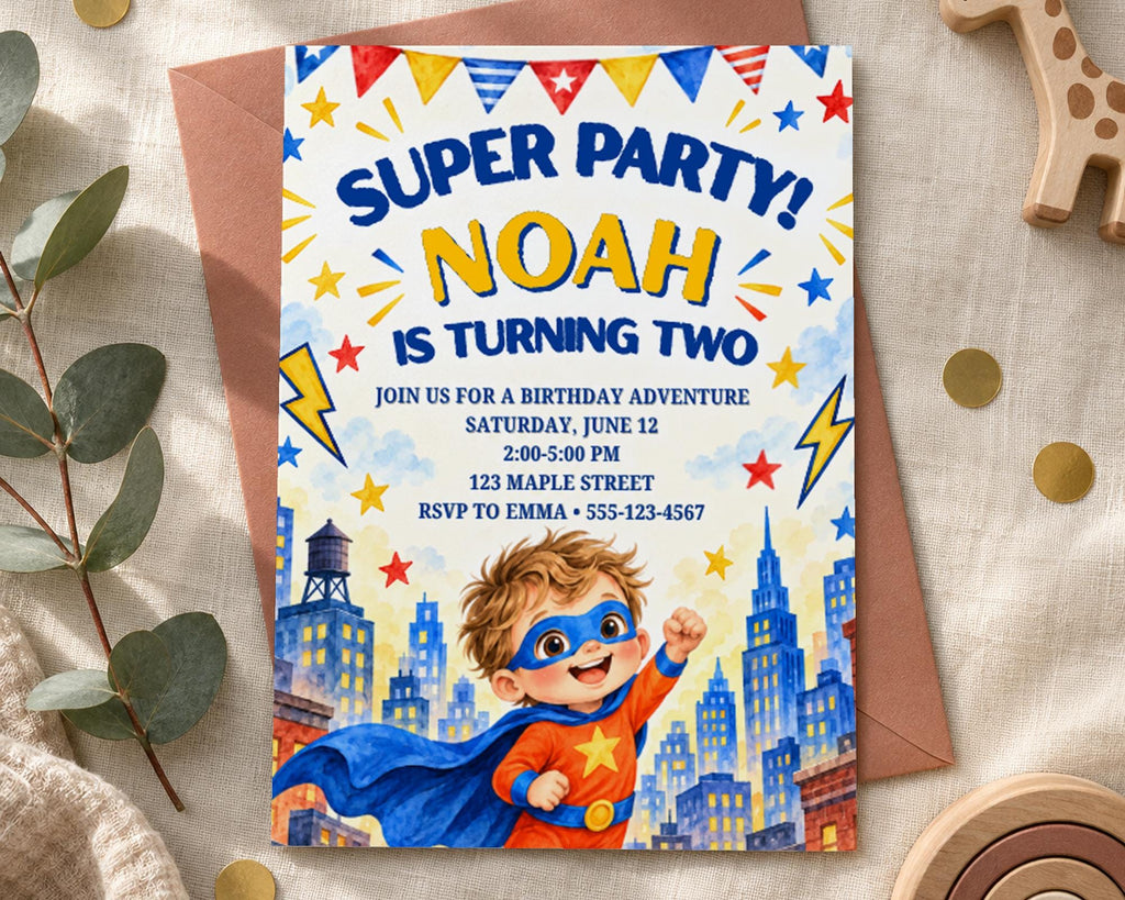 The image is a birthday party invitation for Noah, who is turning two years old. The invitation features a young boy dressed as a superhero, with a cityscape and stars as the background. The text invites guests to a birthday party on Saturday, June 12 at 2:00 PM at 123 Maple Street, with an RSVP to Emma - 555-123-4567.