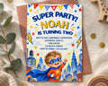 The image is a birthday party invitation for Noah, who is turning two years old. The invitation features a young boy dressed as a superhero, with a cityscape and stars as the background. The text invites guests to a birthday party on Saturday, June 12 at 2:00 PM at 123 Maple Street, with an RSVP to Emma - 555-123-4567.