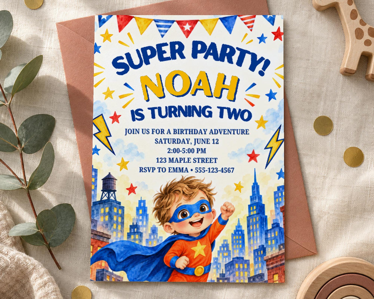 The image is a birthday party invitation for Noah, who is turning two years old. The invitation features a young boy dressed as a superhero, with a cityscape and stars as the background. The text invites guests to a birthday party on Saturday, June 12 at 2:00 PM at 123 Maple Street, with an RSVP to Emma - 555-123-4567.