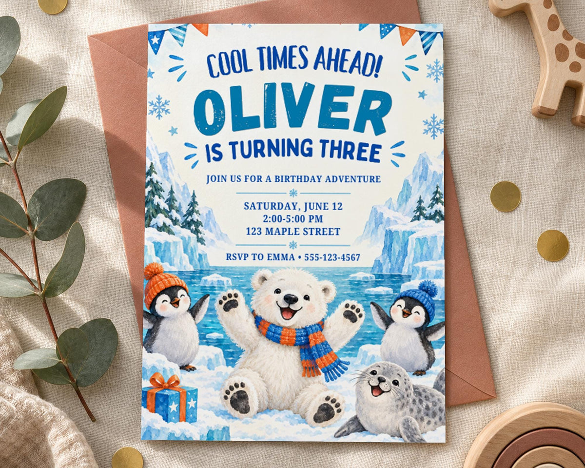 The image is a birthday invitation for a child named Oliver, who is turning three. The invitation features illustrations of a polar bear, penguins, and a seal, along with the text "Cool times ahead! Oliver is turning three" and "Join us for a birthday adventure".