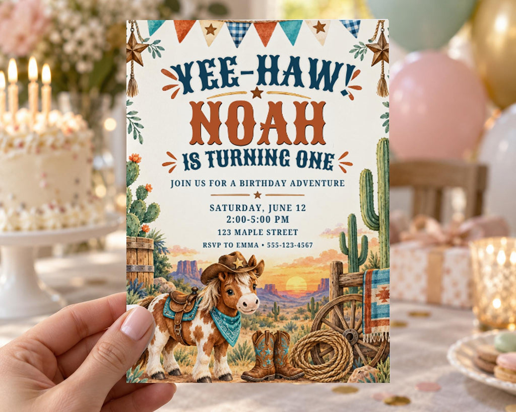 The image is a birthday invitation for a boy named Noah, featuring a cowboy theme with a cowboy hat, boots, and a cactus.