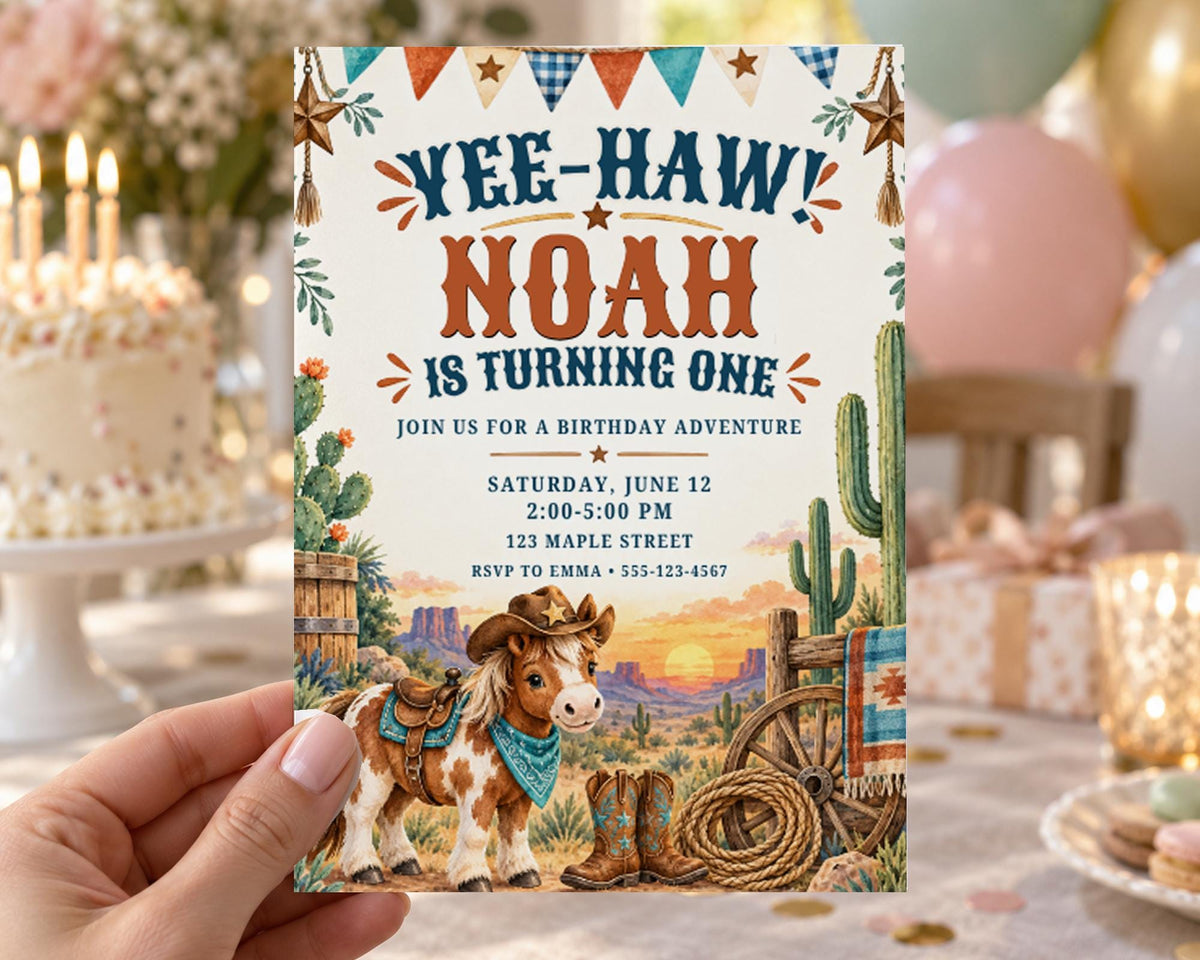 The image is a birthday invitation for a boy named Noah, featuring a cowboy theme with a cowboy hat, boots, and a cactus.