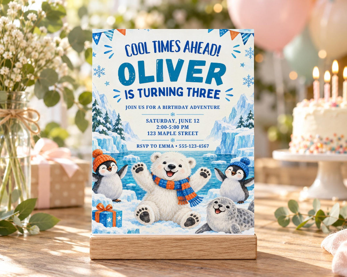 The image is a birthday invitation for a child named Oliver, who is turning three years old. The invitation features illustrations of a polar bear, penguins, and a seal, along with the text "Cool times ahead! Oliver is turning three" and details about the birthday party, including the date, time, location, and RSVP instructions.