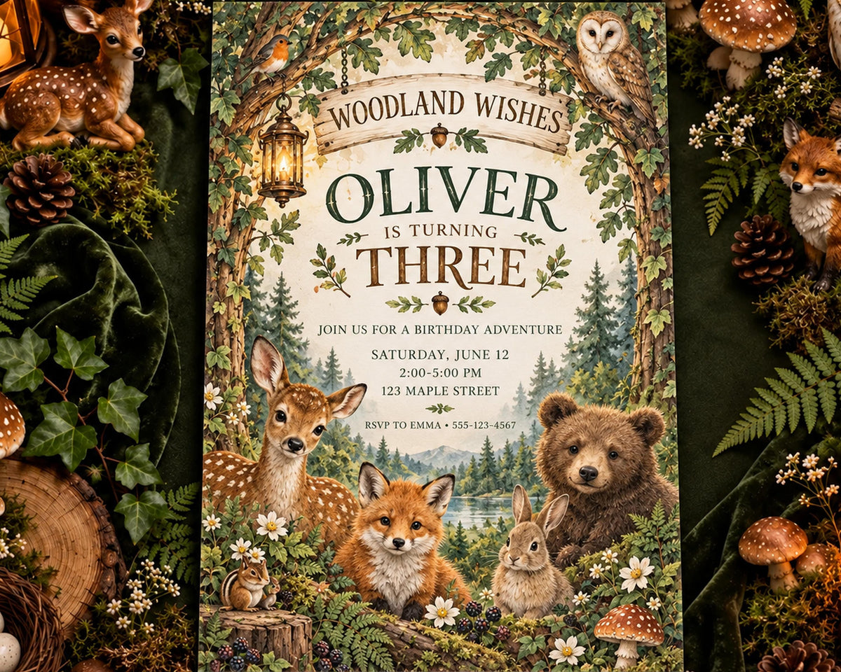 The image is a birthday invitation featuring woodland animals such as deer, foxes, and a bear, surrounded by a forest setting.