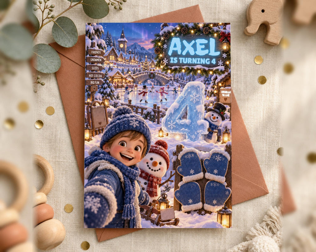 A birthday card featuring a snowy winter scene with a young boy, snowmen, and other winter-themed elements. The card has a blue and white color scheme and includes the text "AXEL IS TURNING 4".
