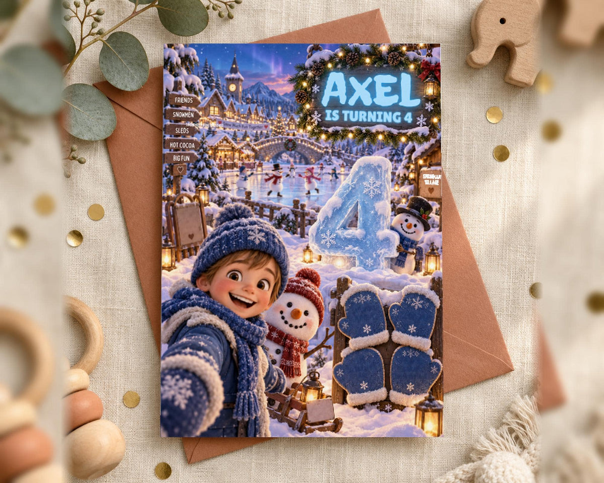 A birthday card featuring a snowy winter scene with a young boy, snowmen, and other winter-themed elements. The card has a blue and white color scheme and includes the text "AXEL IS TURNING 4".