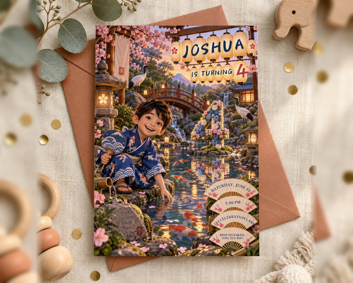 A birthday invitation featuring a young boy in a blue kimono, surrounded by a serene garden scene with a pond, flowers, and a bridge.