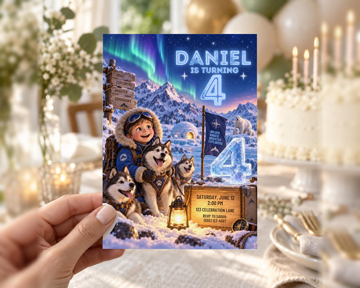 A birthday party invitation featuring a cartoon character, a dog, and a snowy landscape with mountains in the background.