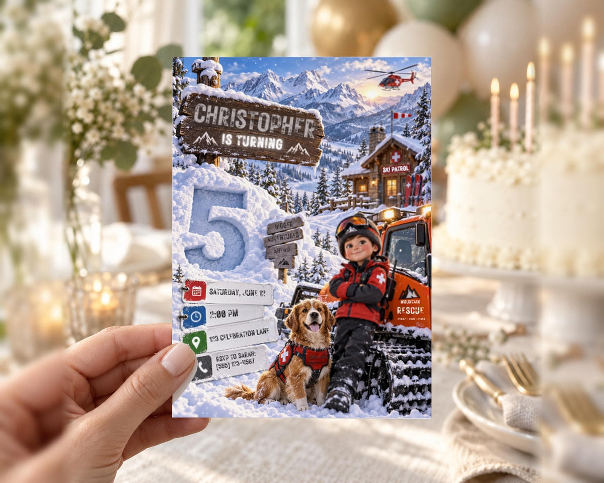 A person is holding a birthday invitation card with a winter scene and a child's picture on it.