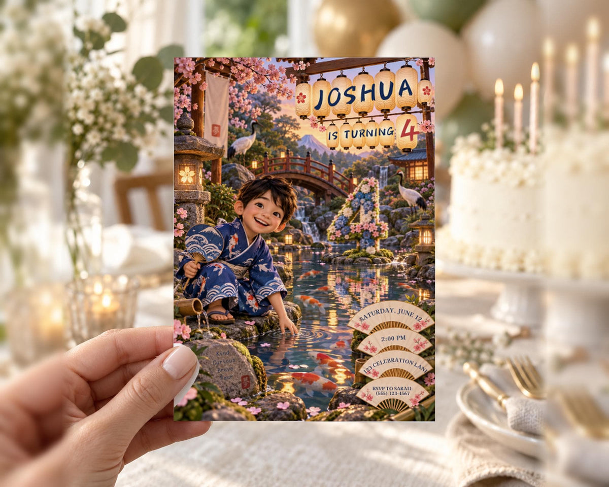 The image is a birthday invitation for a child named Joshua, who is turning 4 years old. The invitation features a young boy in a blue kimono, surrounded by a garden scene with a pond and flowers.