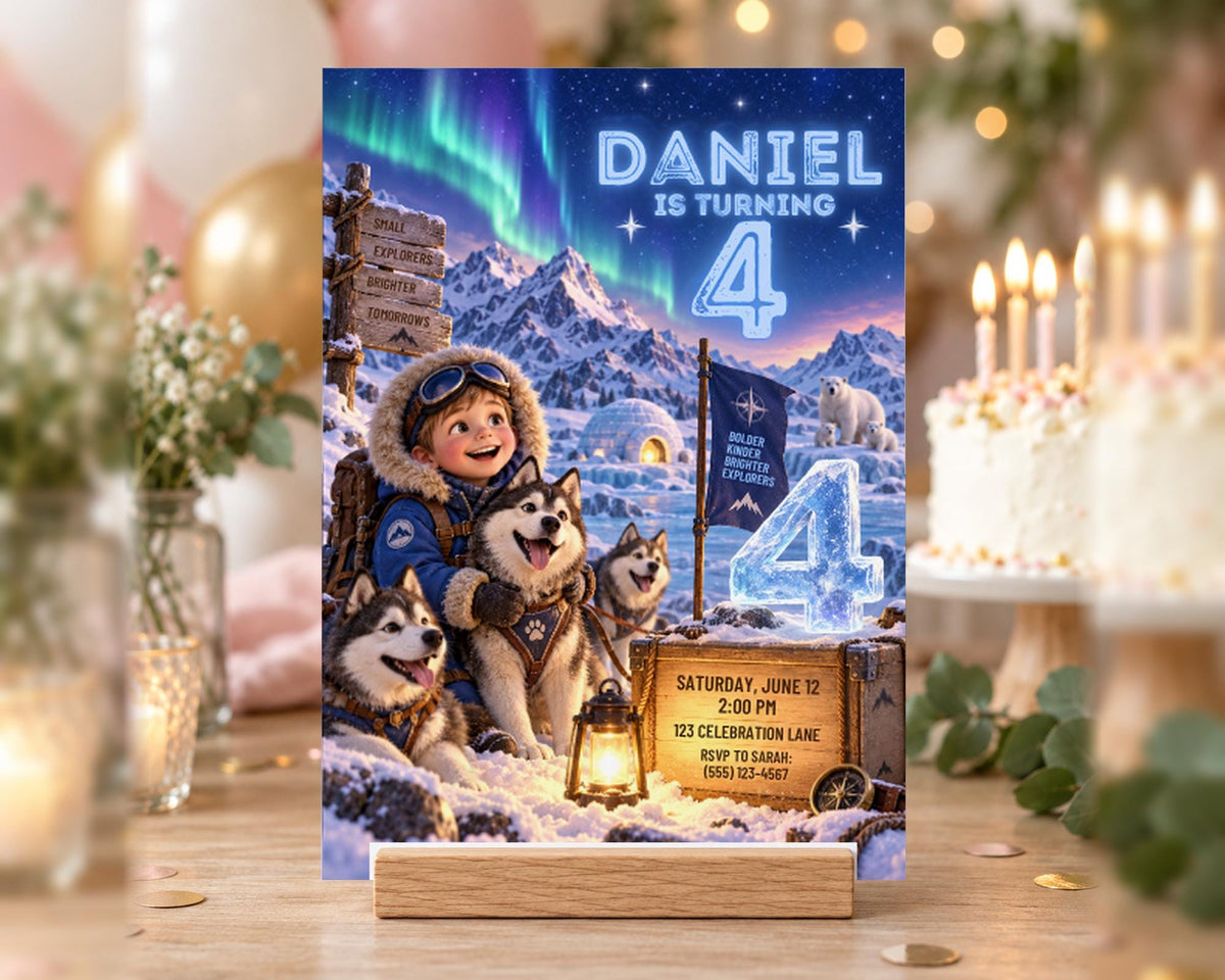 A birthday party invitation featuring a cartoon image of a child with a sled, surrounded by snow and ice, with a polar bear and a cabin in the background.