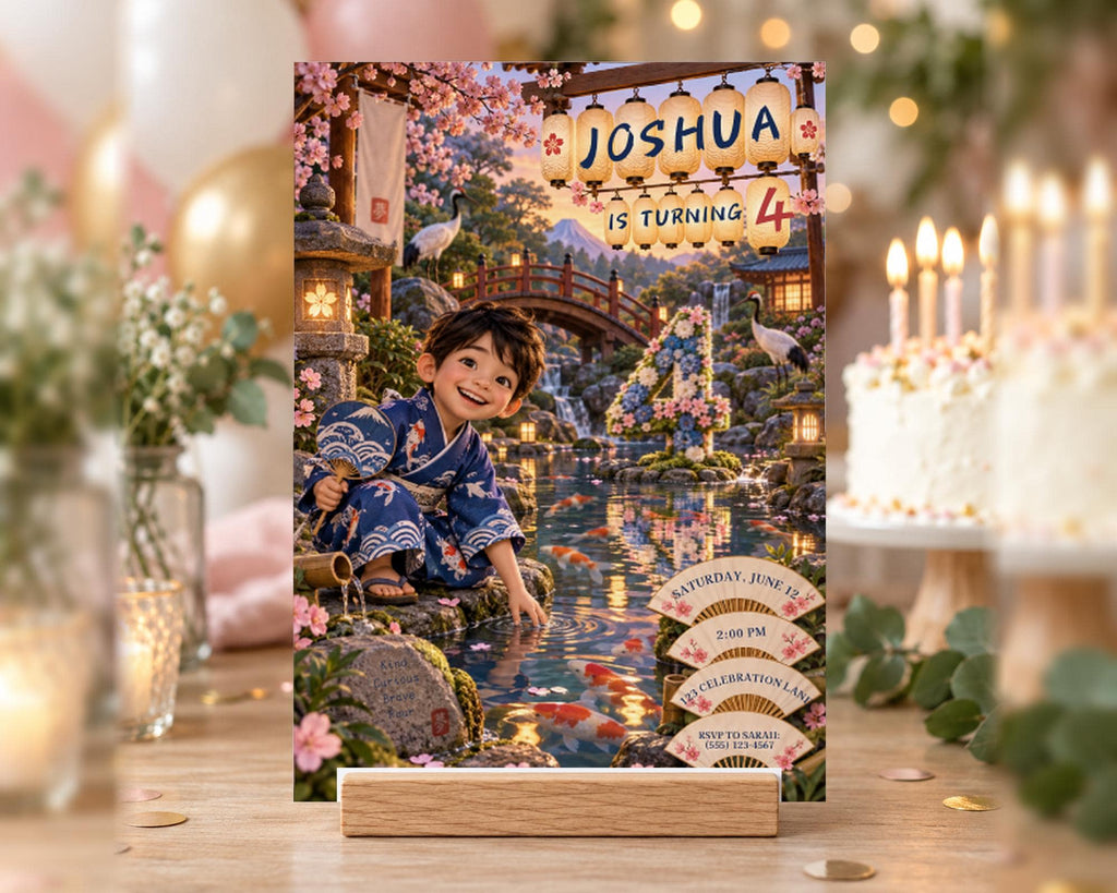 A birthday card featuring a young boy in a blue outfit, surrounded by a garden scene with a pond, flowers, and a bridge. The card is placed on a wooden stand, with a birthday cake and balloons visible in the background.