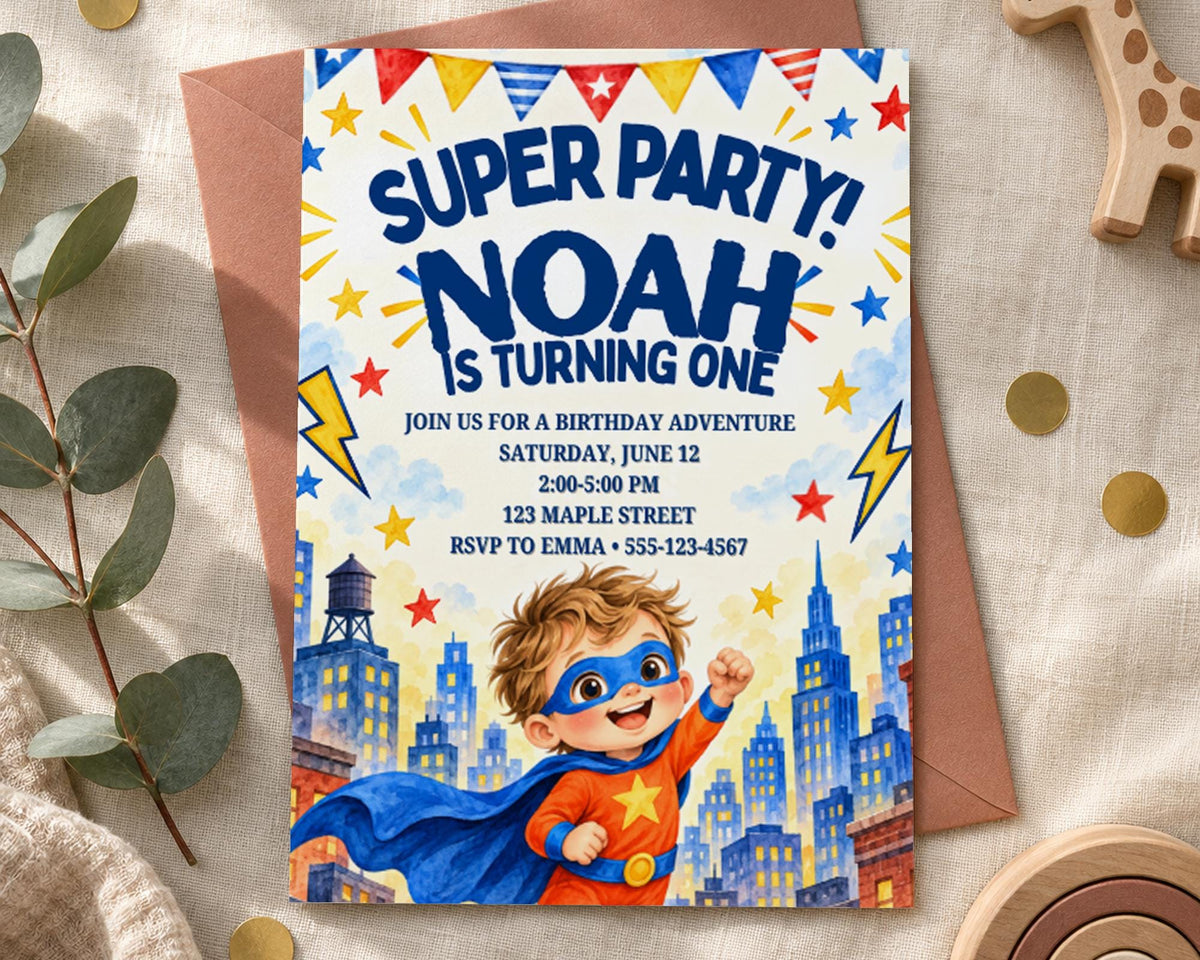 The image is a birthday party invitation for Noah, featuring a superhero theme with a young boy dressed as a superhero, surrounded by a cityscape and stars.