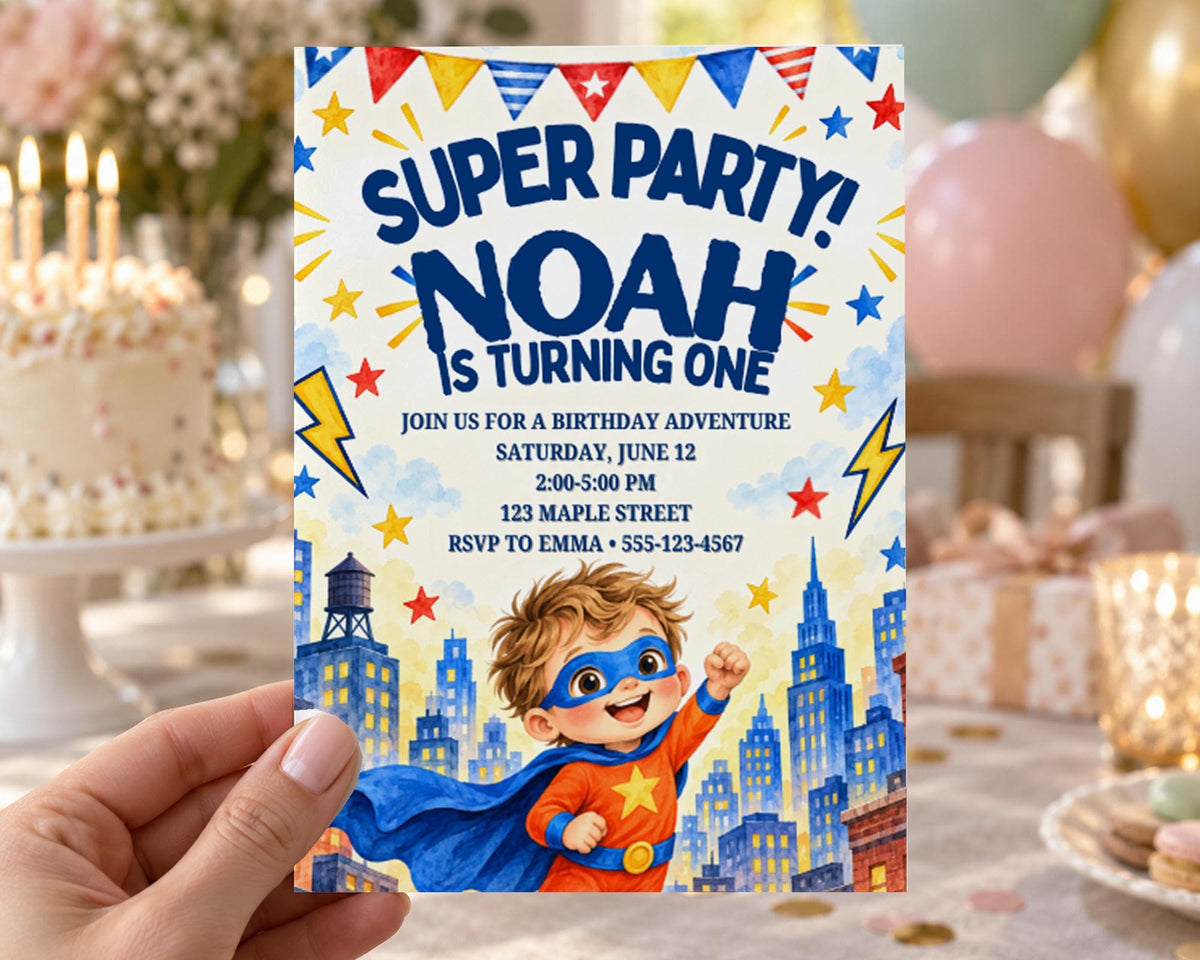 A birthday party invitation for Noah, who is turning one, featuring a superhero theme with a cityscape and balloons in the background.