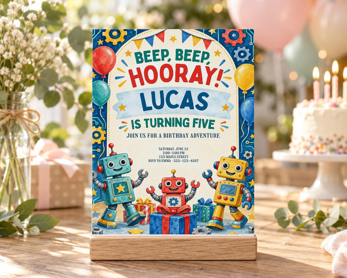 The image is a birthday invitation for Lucas, who is turning five years old. The invitation features illustrations of three friendly-looking robots, and it includes text that says "Beep, Beep, Hooray! Lucas is Turning Five" along with details about the birthday party, such as the date, time, location, and RSVP information.