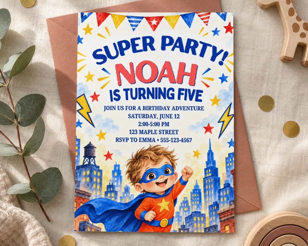 The image is a birthday party invitation for Noah, who is turning five. It features a cartoon image of a young boy dressed as a superhero, with a cityscape backdrop. The invitation includes details about the party, such as the date, time, location, and RSVP information.