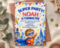 The image is a birthday party invitation for Noah, who is turning five. It features a cartoon image of a young boy dressed as a superhero, with a cityscape backdrop. The invitation includes details about the party, such as the date, time, location, and RSVP information.