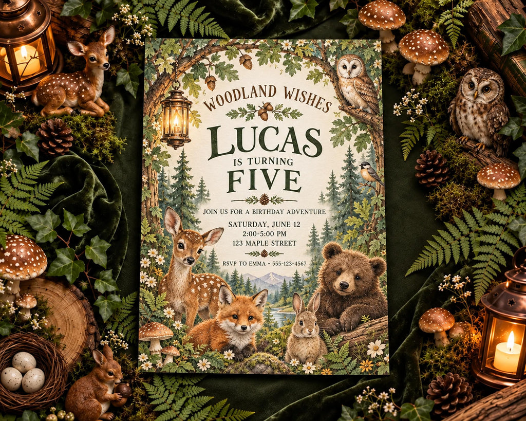The image is a birthday invitation for a woodland-themed party for a child named Lucas, featuring illustrations of various animals such as deer, foxes, and bears, surrounded by forest elements like mushrooms, pine cones, and ferns.