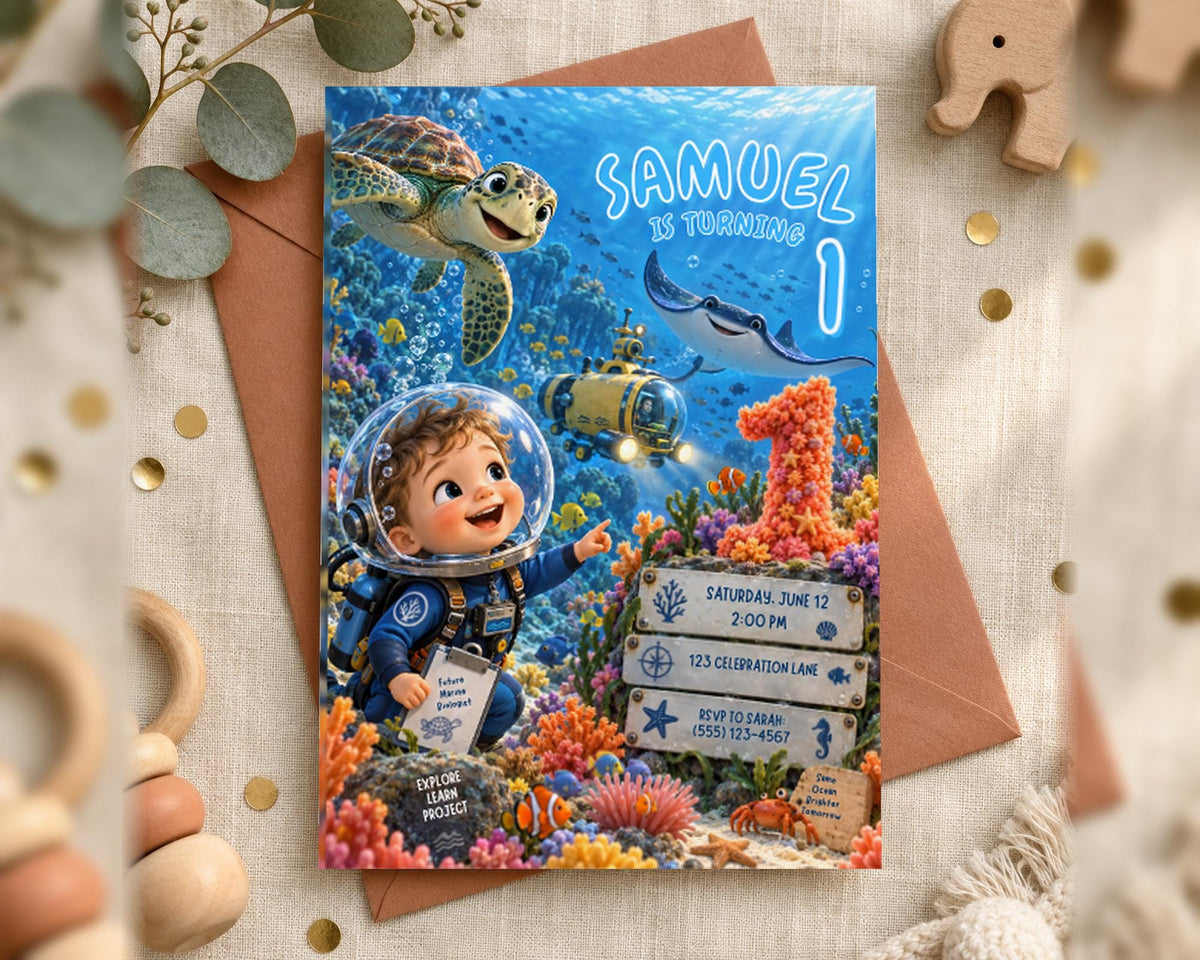 A birthday invitation featuring a young boy in a scuba diving suit, surrounded by colorful marine life and underwater scenes, with the text "SAMUEL is turning 1" prominently displayed.