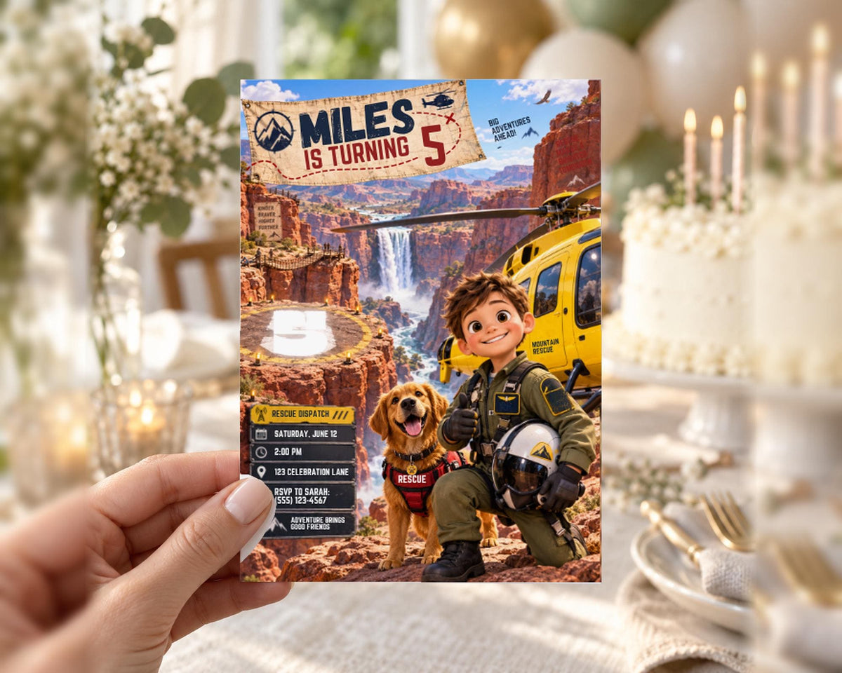 The image is a birthday invitation for a child's 5th birthday party, featuring a cartoon character and a rescue dog.