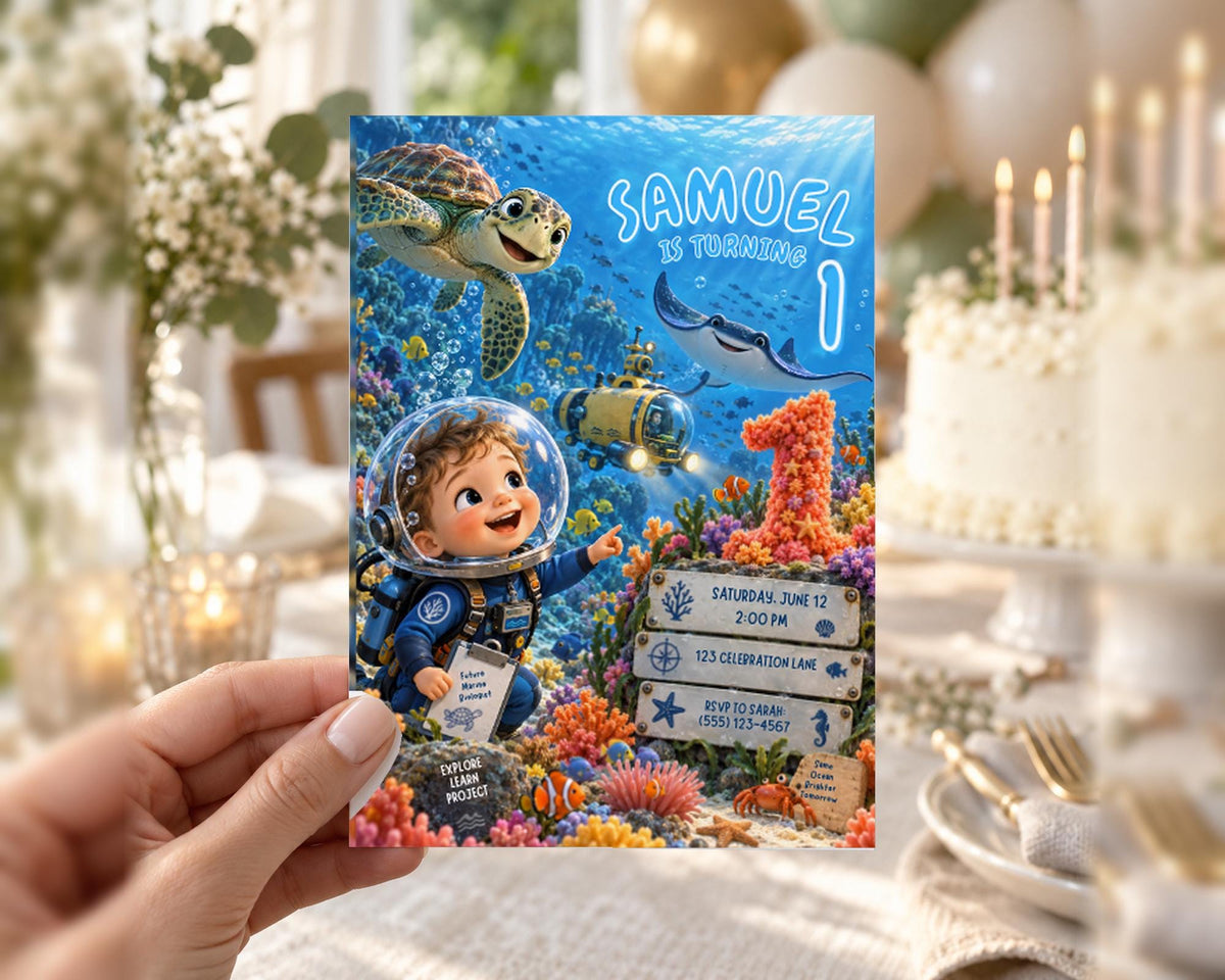 A birthday party invitation featuring a child wearing a spacesuit and surrounded by an underwater scene with a turtle, fish, and coral.