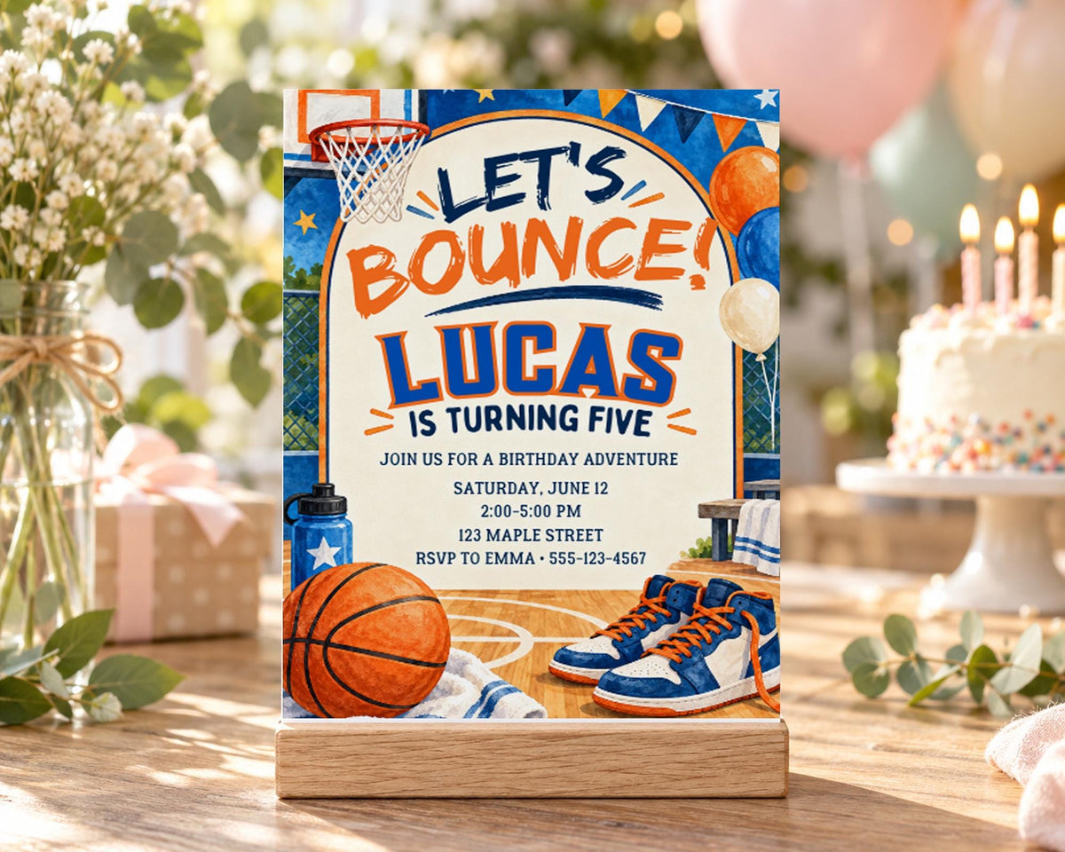 The image is a birthday invitation for a basketball-themed party for Lucas, who is turning five.