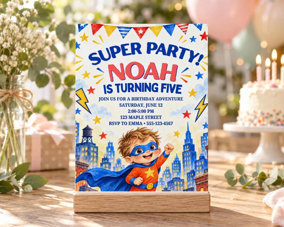 A birthday party invitation for Noah, who is turning five, featuring a superhero theme with a city skyline backdrop and a young boy in a superhero costume.