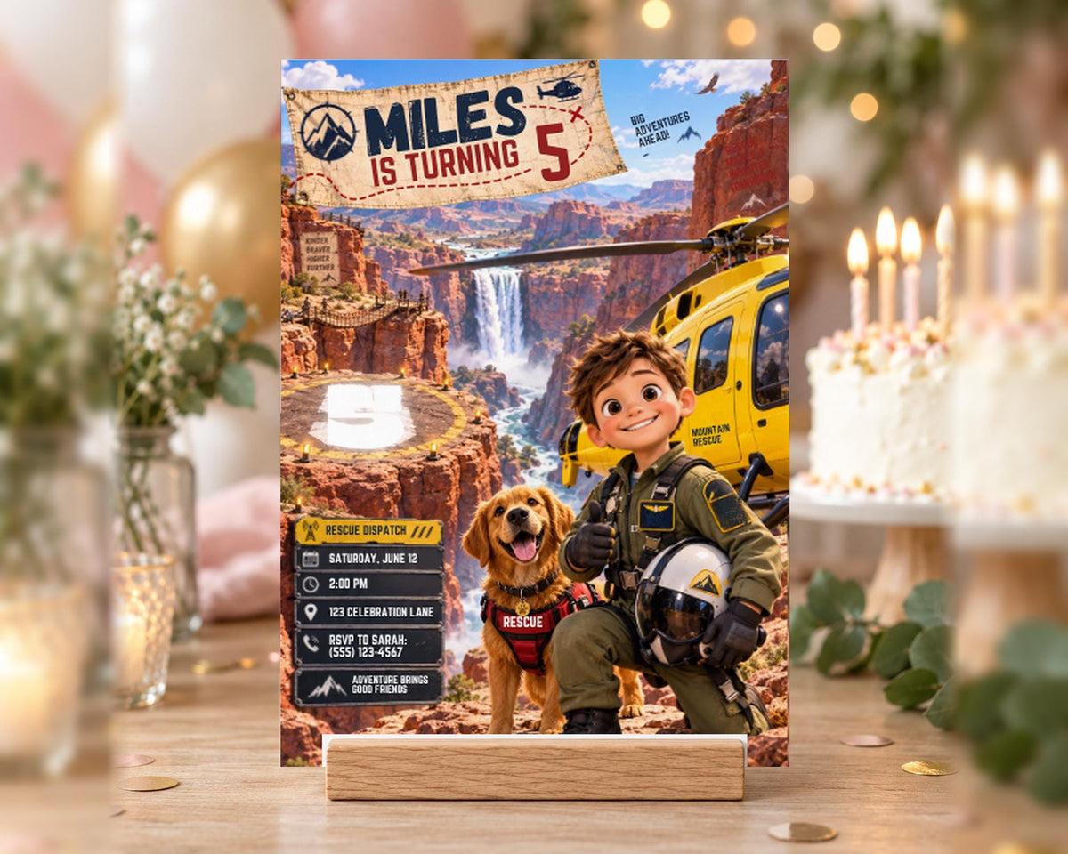 The image is a birthday party invitation featuring a cartoon character and a dog, with a mountainous background and a helicopter.