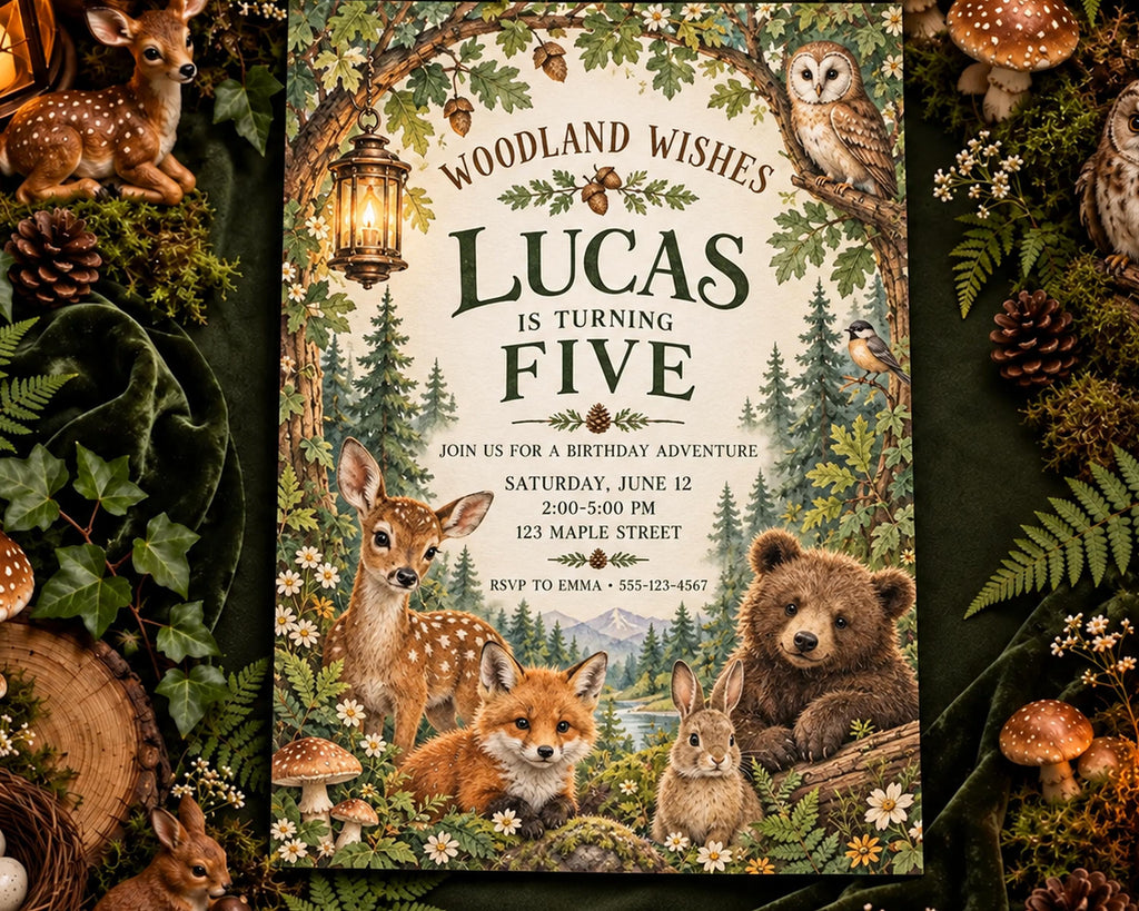 The image is a birthday invitation featuring woodland animals such as deer, owl, bear, rabbit, and fox, surrounded by a forest setting with pine cones, mushrooms, and ferns.