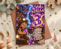 The image is a birthday invitation featuring a cartoon character, likely a young boy, surrounded by a colorful and whimsical background with a waterfall and gemstones.