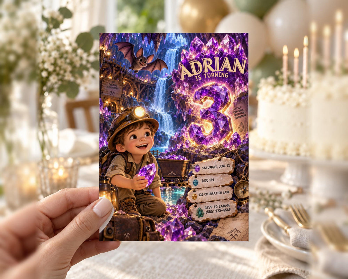 A hand holding a birthday invitation card with a child's face and a cave scene, along with the text "ADRIAN IS TURNING 3".