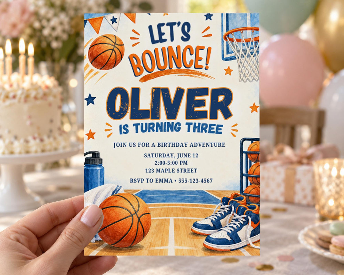 The image is a birthday invitation for a boy named Oliver who is turning three years old. The invitation features illustrations of basketballs, a basketball hoop, and a pair of sneakers, along with the text "Let's bounce! Oliver is turning three".