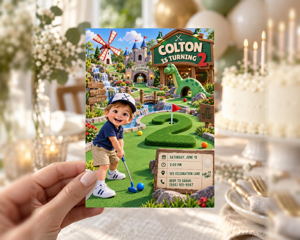 A hand holding a birthday invitation card featuring a cartoon image of a young boy playing golf on a miniature golf course, with a castle and windmill in the background.