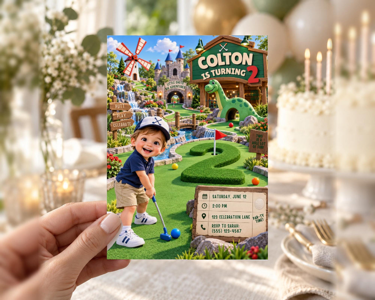 A hand holding a birthday invitation card featuring a cartoon image of a young boy playing golf on a miniature golf course, with a castle and windmill in the background.