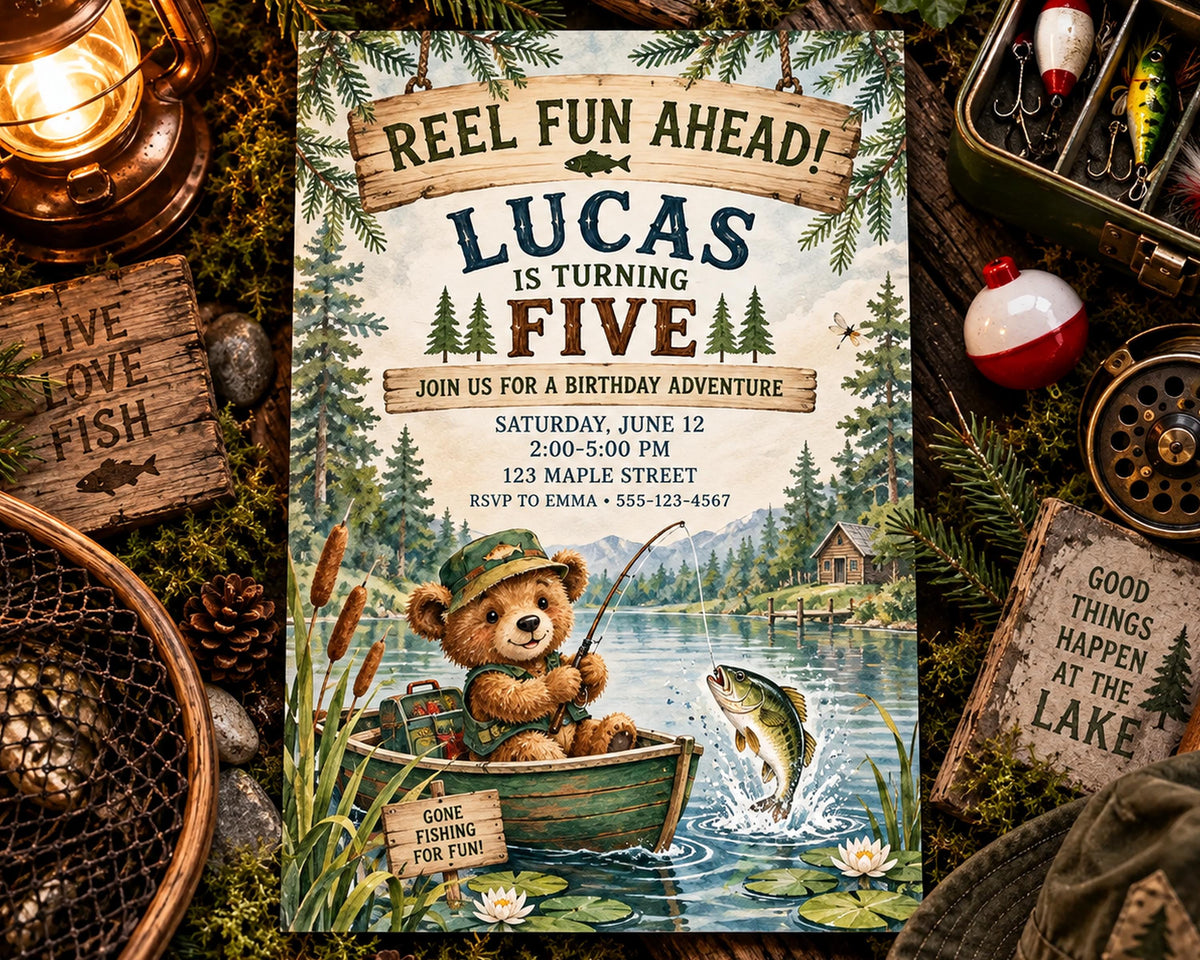 The image is a birthday invitation for Lucas, who is turning five, featuring a teddy bear in a boat on a lake surrounded by nature.