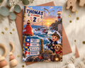A birthday invitation featuring a nautical theme with a lighthouse, boat, and a young boy dressed as a sailor. The invitation is for Thomas's 2nd birthday party, with details about the celebration and a list of guests.