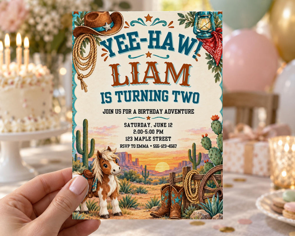 The image is a birthday party invitation for a boy named Liam, who is turning two years old. The invitation features a cowboy theme with illustrations of a cowboy hat, a lasso, a cactus, and a horse. The text on the invitation reads "Yeehaw! Liam is turning two" and provides details about the event, including the date, time, location, and RSVP information.