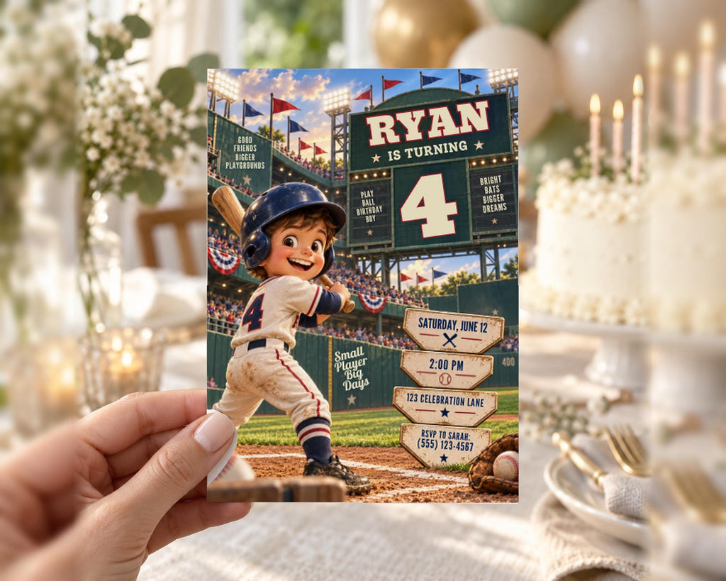 a birthday party invitation for a child named Ryan, who is turning 4 years old. The invitation includes a cartoon image of a young boy playing baseball, along with details about the party, such as the date, time, location, and other event information.