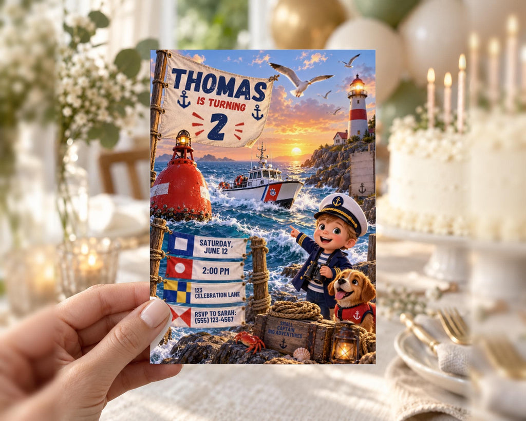 A birthday party invitation featuring a nautical theme with a cartoon character, a lighthouse, and a boat on the ocean.