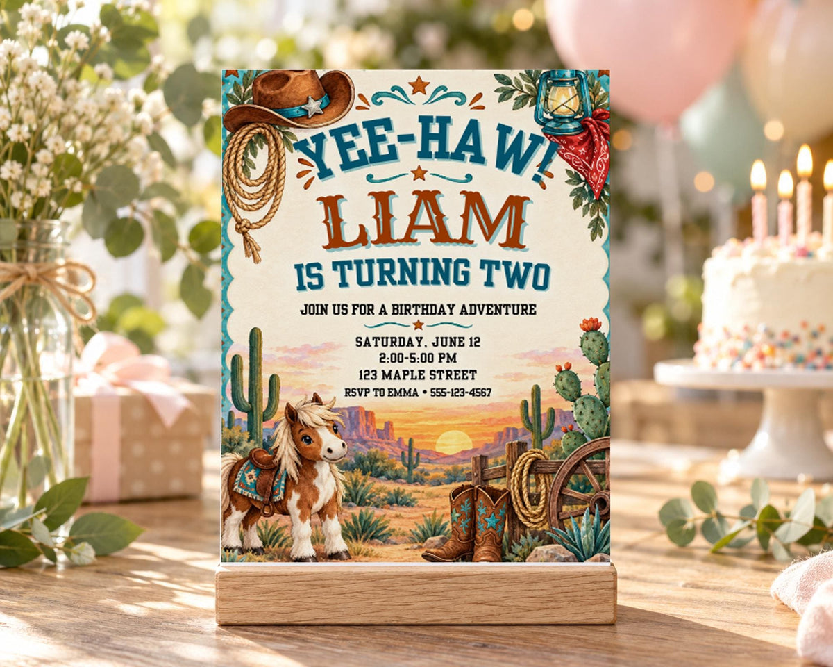 A birthday party invitation featuring a cowboy theme, with a cowboy hat, lasso, and a horse, along with details about a birthday party for a child named Liam.