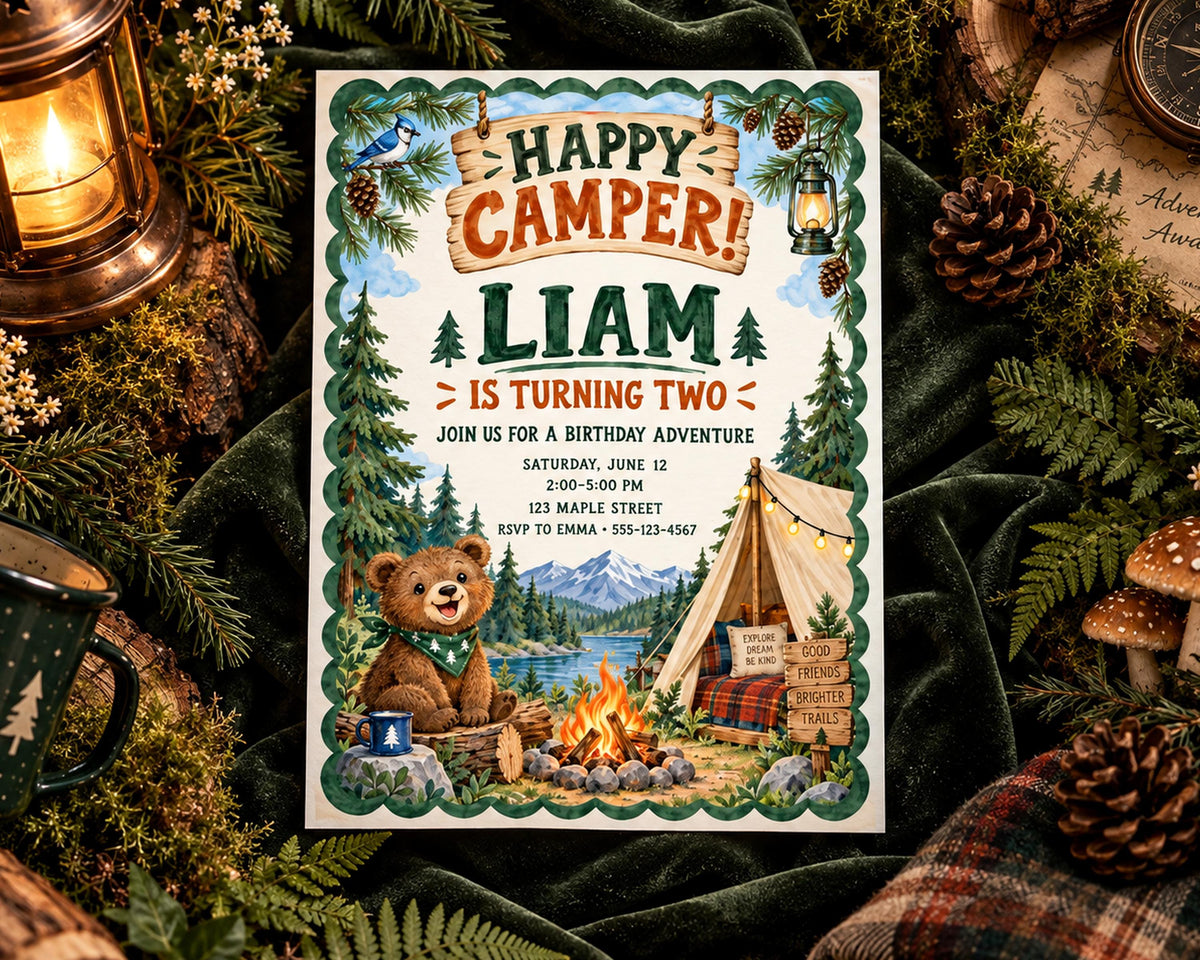 The image is a birthday invitation for a boy named Liam, featuring a camping theme with a bear, tent, campfire, and pine cones.