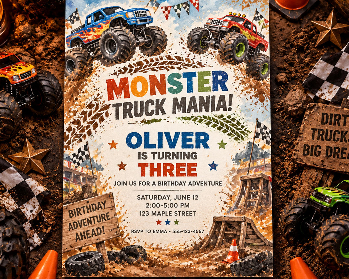The image is a birthday invitation for a child named Oliver, who is turning three years old. The invitation features illustrations of monster trucks and a dirt-covered area, along with the text "MONSTER TRUCK MANIA!" and "OLIVER IS TURNING THREE".