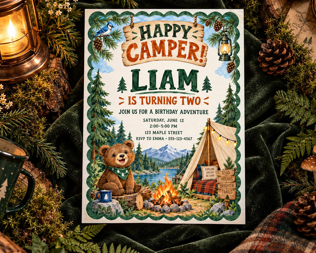 The image is a birthday invitation for a boy named Liam, who is turning two years old. The invitation features a camping scene with a bear, a tent, and a campfire, surrounded by pine trees and mountains. The text on the invitation reads "Happy Camper! Liam is turning two - join us for a birthday adventure - Saturday, June 12 - 2:00-3:00 PM - RSVP to Emma - 555-1243-1667".