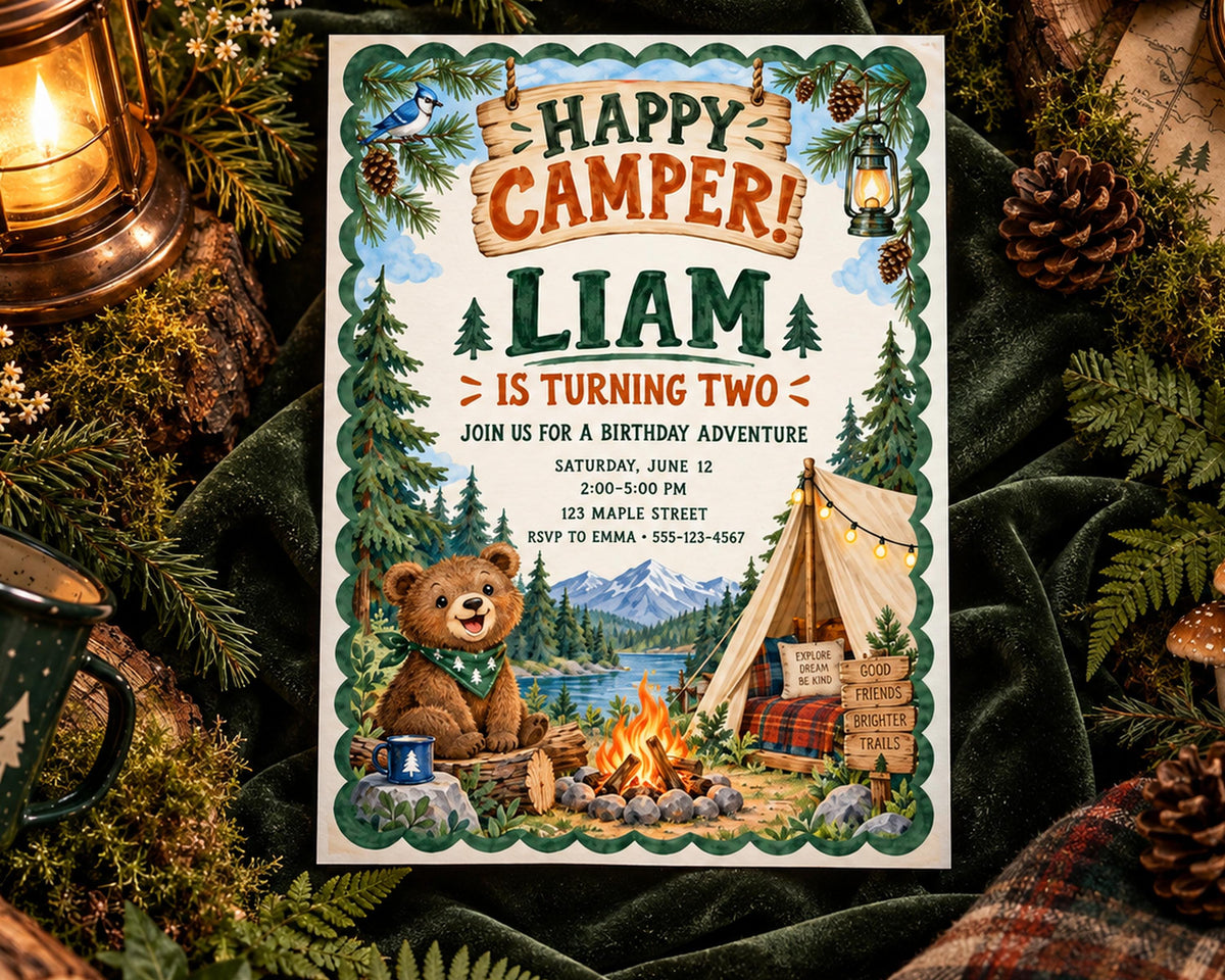 The image is a birthday invitation for a boy named Liam, who is turning two years old. The invitation features a camping scene with a bear, a tent, and a campfire, surrounded by pine trees and mountains. The text on the invitation reads "Happy Camper! Liam is turning two - join us for a birthday adventure - Saturday, June 12 - 2:00-3:00 PM - RSVP to Emma - 555-1243-1667".
