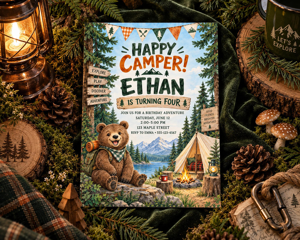 The image is a birthday invitation for a boy named Ethan, featuring a bear sitting on a rock with a tent, campfire, and pine cones around it. The invitation is surrounded by camping-themed decorations, including a lantern, pine cones, and a tent.