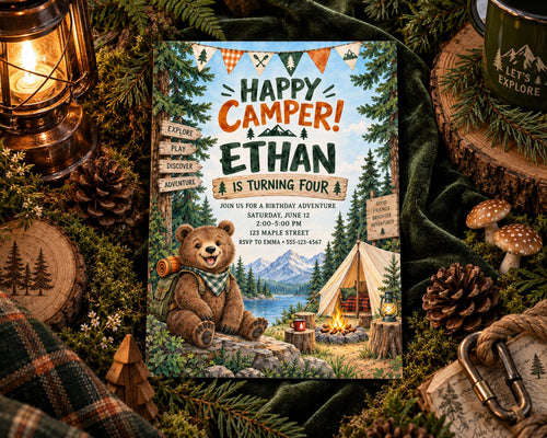 The image is a birthday invitation for a boy named Ethan, featuring a bear sitting on a rock with a tent, campfire, and pine cones around it. The invitation is surrounded by camping-themed decorations, including a lantern, pine cones, and a tent.